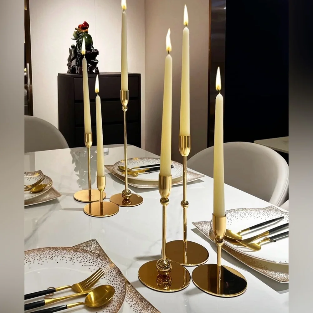 New West Elm (Set of 6) XL Gold Retro Boho Tapered Candle Candlestick Holders